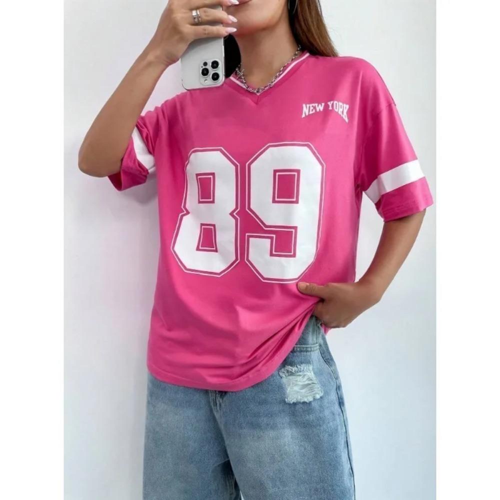Summer Women's Champion Printed T-shirt Summer Basic V-neck T-shirt Casual Retro Street Style T-shirt Plus Size Top