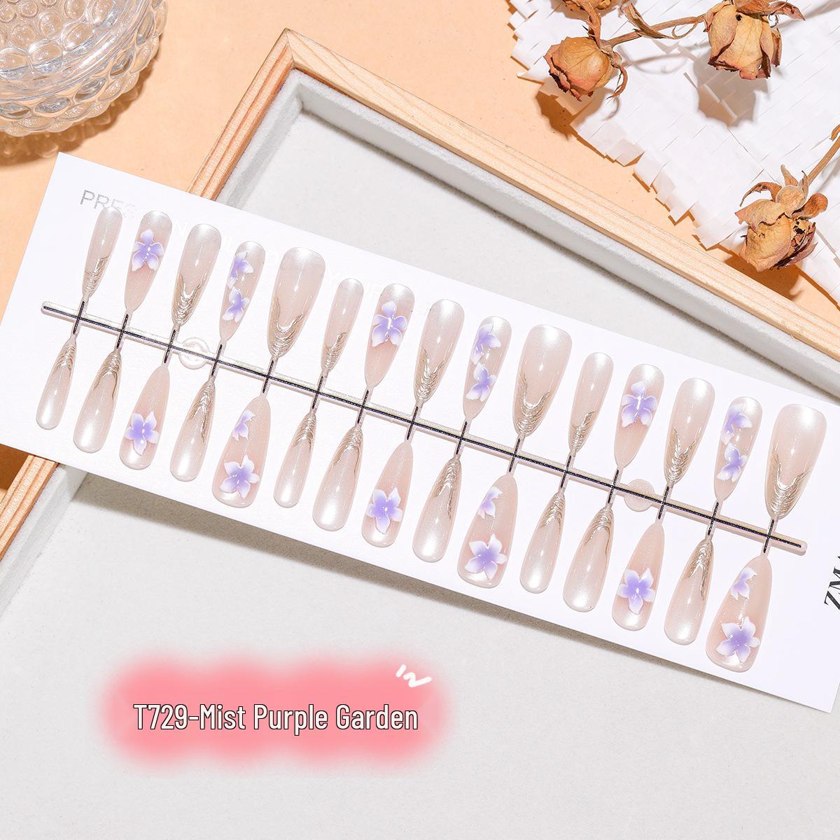 Misty Purple Garden Long Almond French Nails with Gilded 3D Flower Cat Eye Stickers Full Set XS/S/M