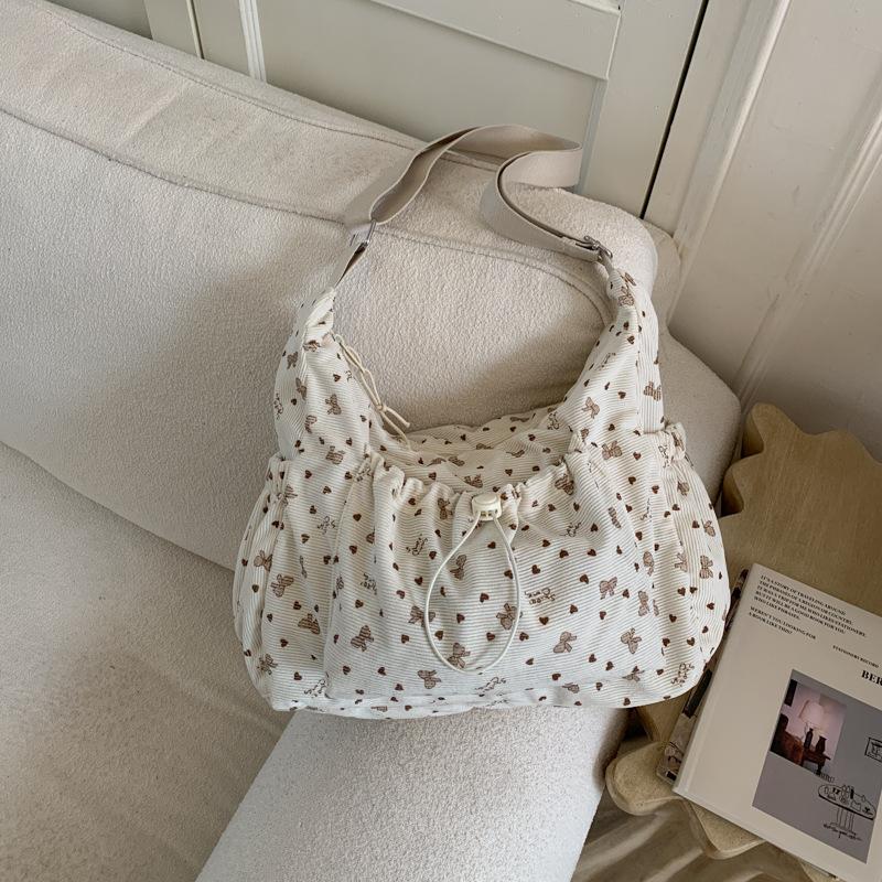 Korean Style Plaid Drawstring Cloud Shoulder Bags for Women Large Capacity Ladies Crossbody Bag Bow Multi-pocket Handbags Tote