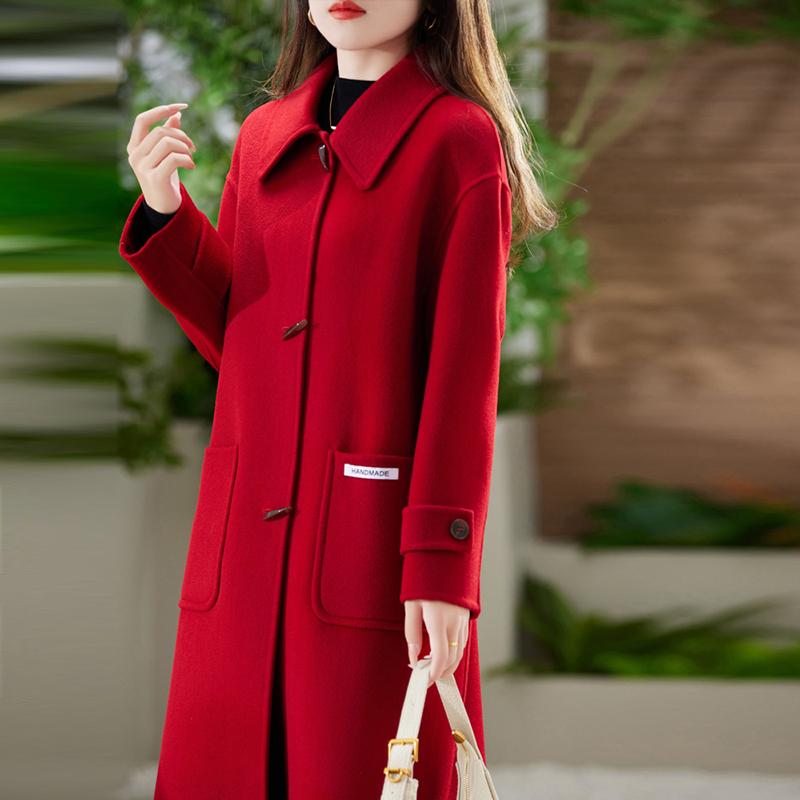 100% Wool Women Coat TIDENOVEL Autumn Wool Long Coat Handmade Pea Coat Winter Warm Wool Long Jacket Overcoat