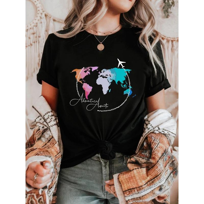 Y2K Style Women'S Casual Fashion Slim Fit Solid Color Crew Neck Short Sleeve T-Shirt | Multicolor World Map and Airplane Design, Adventure Awaits