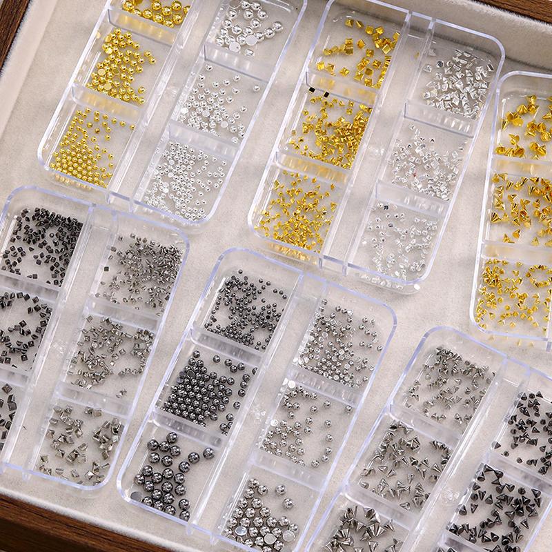 6 Grids 3D Mini Punk Metal Nail Studs Mix Size Silver Gold Black Nail Art Charms Alloy Rivets Stick Cone Diy Crafts Decoration