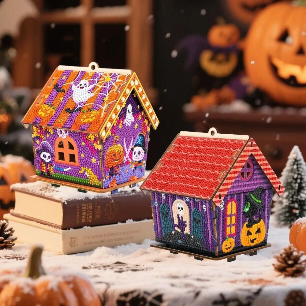 3D Wooden House Halloween Rhinestone Painting Kit Cute Handmade Craft Set Party Decor