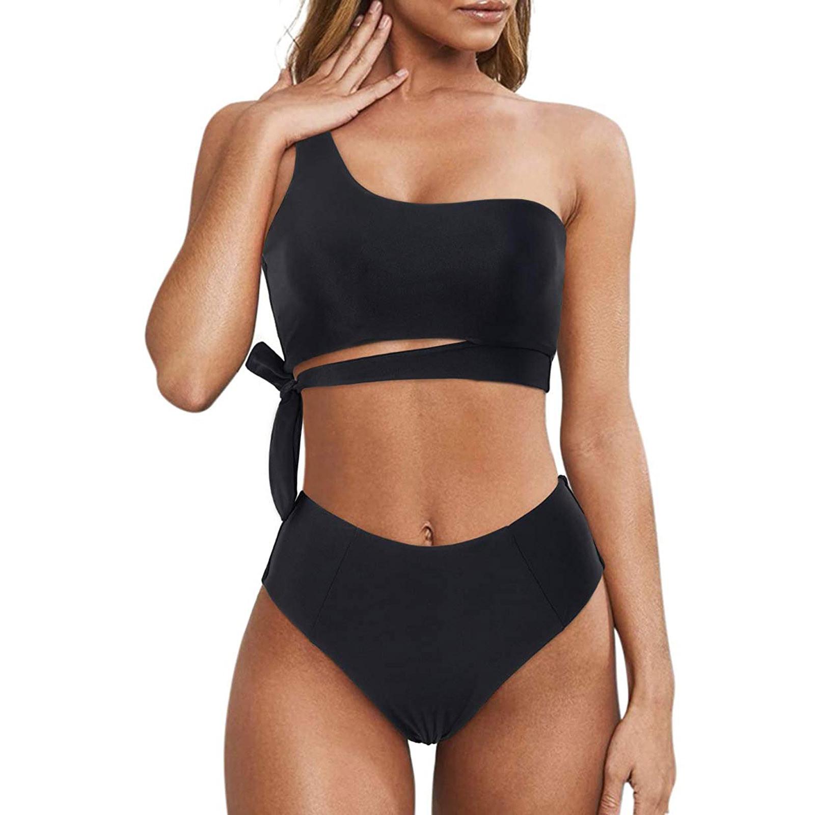 Fashion Women One-shoulder Strappy Bikini Suit Sexy Casual Split Swimsuit L чёрный