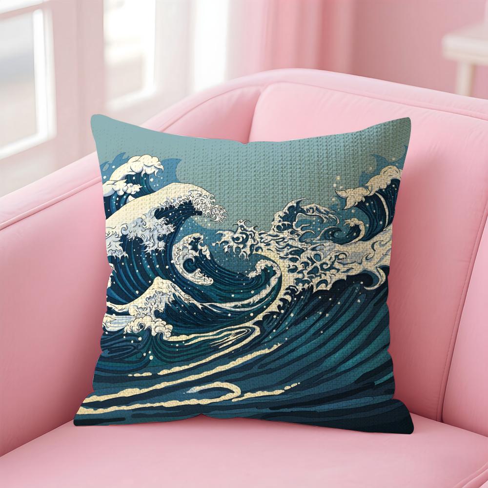 Waves Japanese Style Cushion Cover Natural Linen Pillow Case DoubleSided Print Decorative Sofa Pillowcase Home Decor Gift