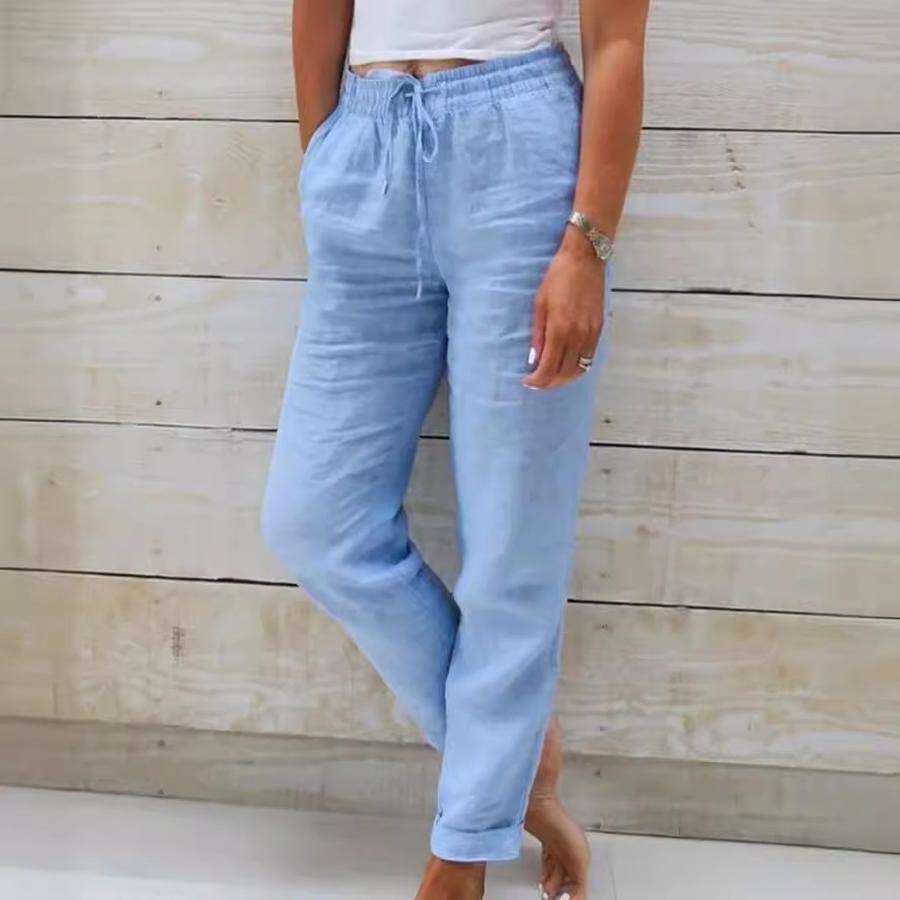 New Style Women's High Waist Elastic Waist Solid Cotton Linen Casual Pants