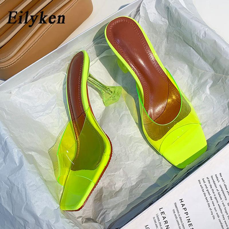 Mode Eilyken Grün Orange PVC Transparent Kristall Stiletto High Heels Jelly Damen Hausschuhe Street Style Offene Zehen Sandalen Clogs Schuhe