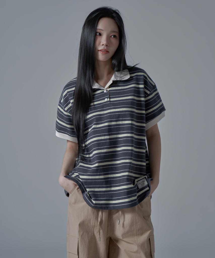 WAARFORWOMAN Wt-61 Rugby Half Collar Short Sleeve T-Shirt_Charcoal