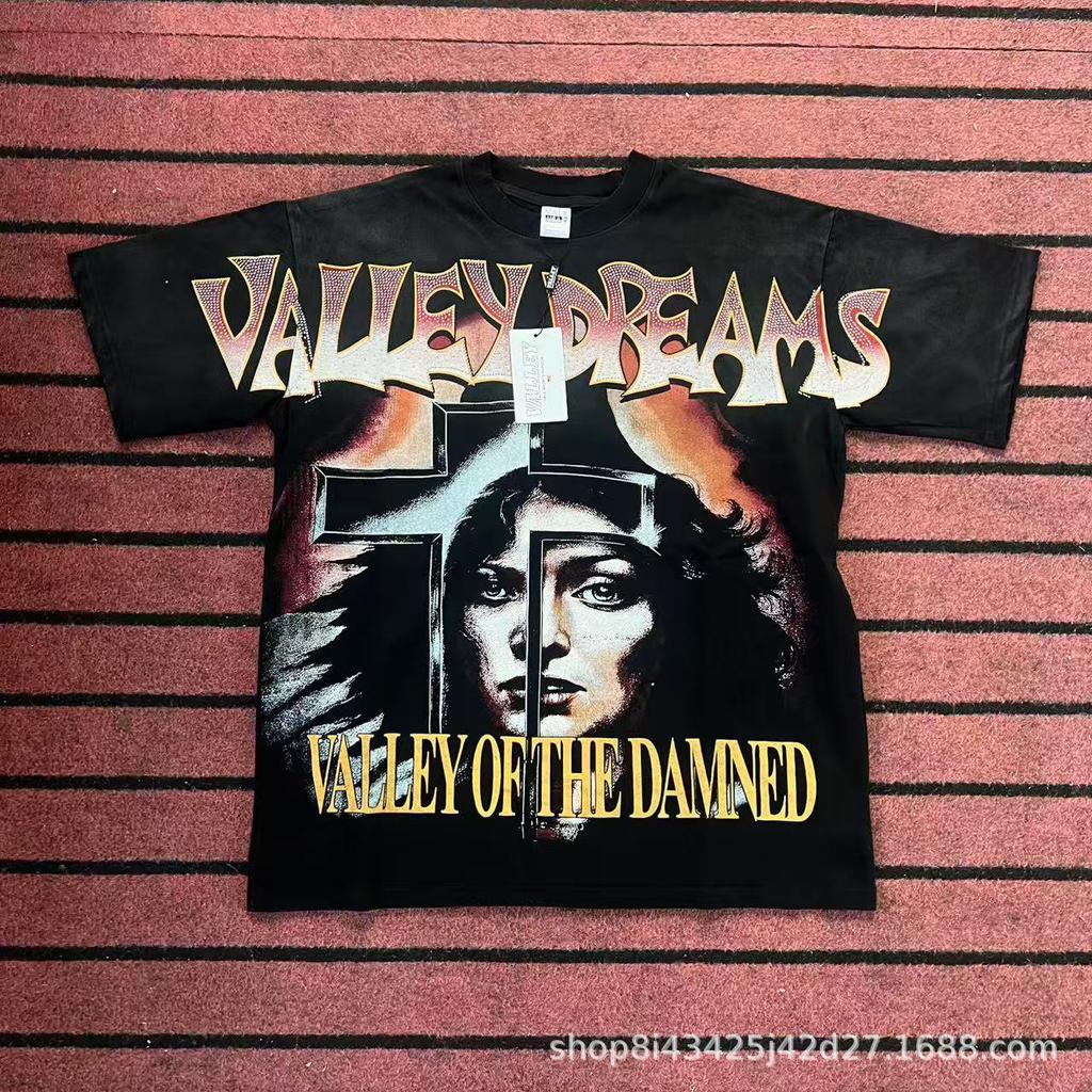 2025 Amerikanische trendige Marke Vall gewaschen alt bedrucktes kurzärmeliges Hip-Hop lockeres Streetwear-T-Shirt für Männer und Frauen