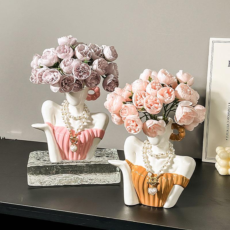 Creative Human-shaped Ceramic Vase Woman Statue Flower Arrangement Accessories Flower Vase Home Decoration Accessories