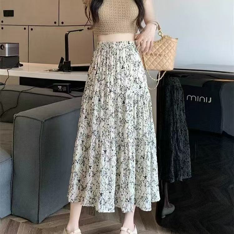 

Летняя шифоновая юбка миди с цветочным принтом, с высокой талией, прилегающего силуэта - Универсальный расклешенный дизайн А-силуэта, элегантные многоярусные оборки, дышащая легкая ткань XL