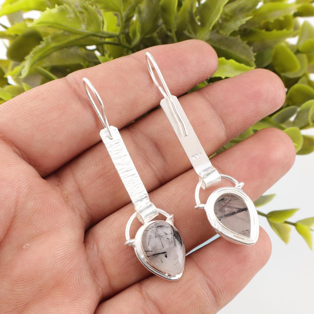Black Rutile Gemstone Jewelry, 925 Solid Sterling Silver Earrings, Beautiful Silver Earrings, Handmade Bohemian Jewelry For Wedding Gift