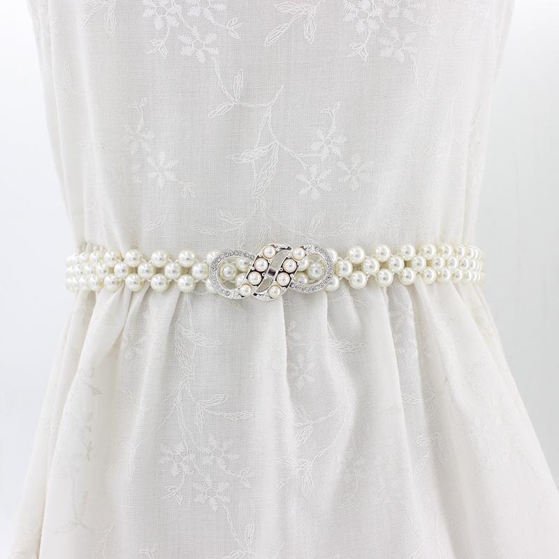 Women'S Rhinestone Pearl Waist Chain Dress Decorative Elastic Belt Women'S Sweet Flower Elastic Waist Seal