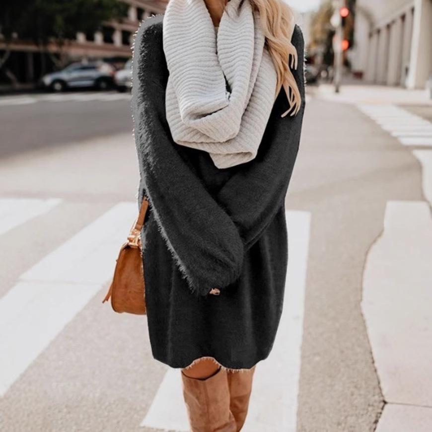 2025 Women's Autumn/Winter Mid-length Long Sleeve Round Neck Loose Plush Dress