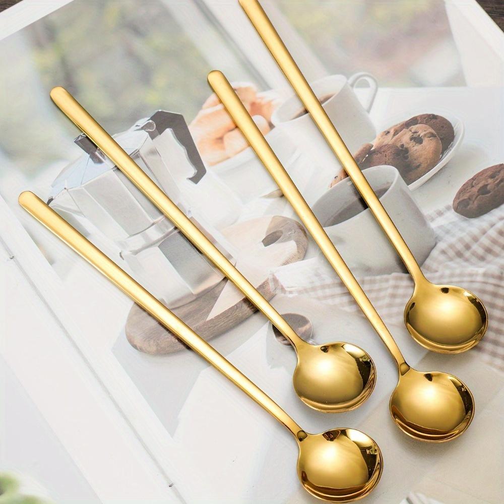 4PCS 304stainless steel long handle spoon, golden coffee stirring spoon teaspoon, elegant home kitchen utensils
