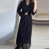 2024 Autumn Women's Lightly Mature V-Neck Waist-Tie Solid Color Long-Sleeve Dress