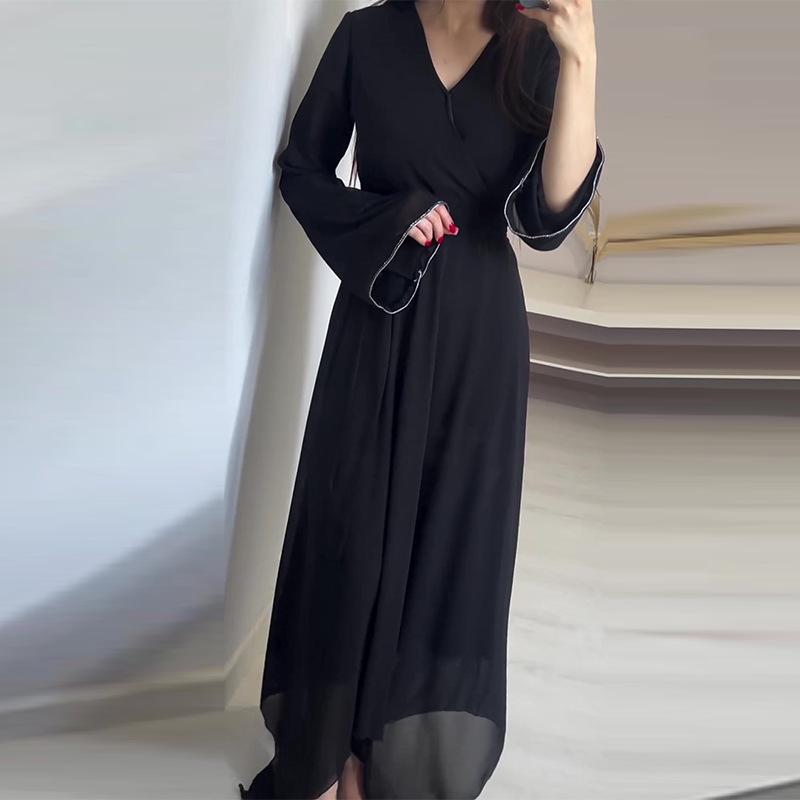 2024 Autumn Women's Lightly Mature V-Neck Waist-Tie Solid Color Long-Sleeve Dress
