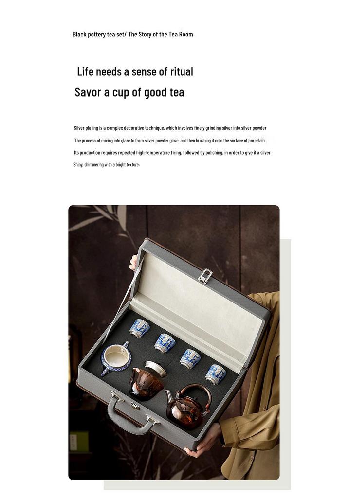 Silver-Plated Blue & White Porcelain Gongfu Tea Set with Kettle Handle - Perfect High-Grade Gift for Elders & Leaders.