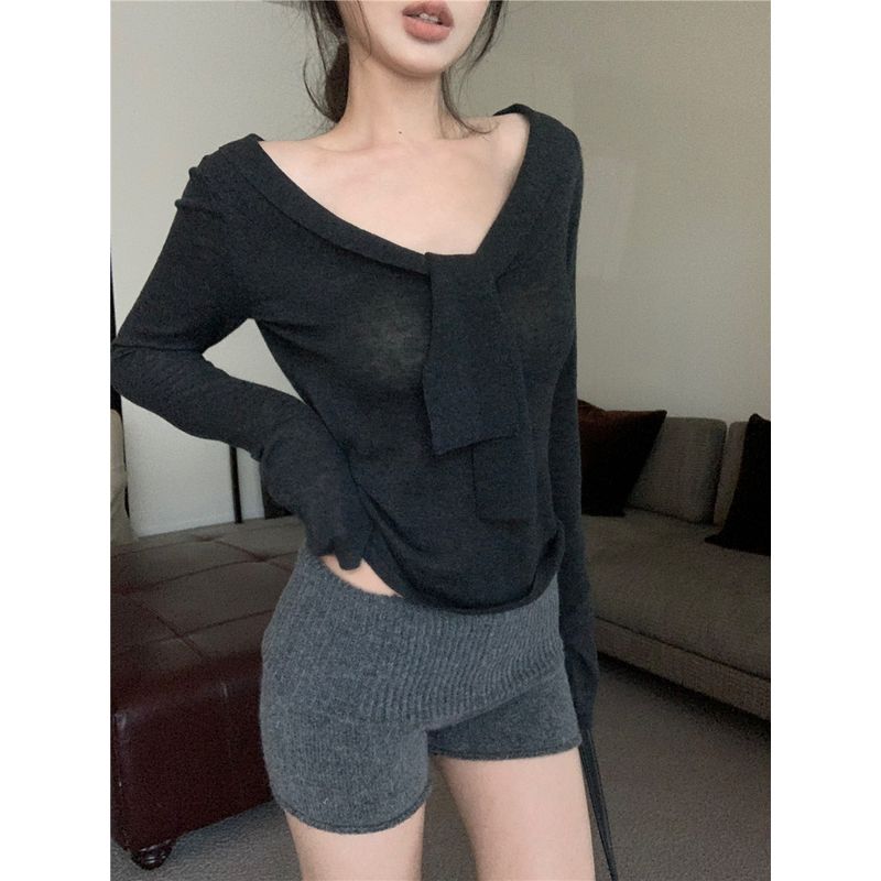 Kumikumi Pure Desire Set Lace-up Temperament Long sleeve Knit Women Autumn High Waist Slimming Casual Pants Two-piece Set