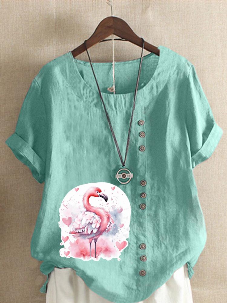 Women's Fashion Love Flame Bird Print Shot Sleeve T-shirt Loose Cotton Shirt Casual Loose Summer Blouse Tops Plus Size