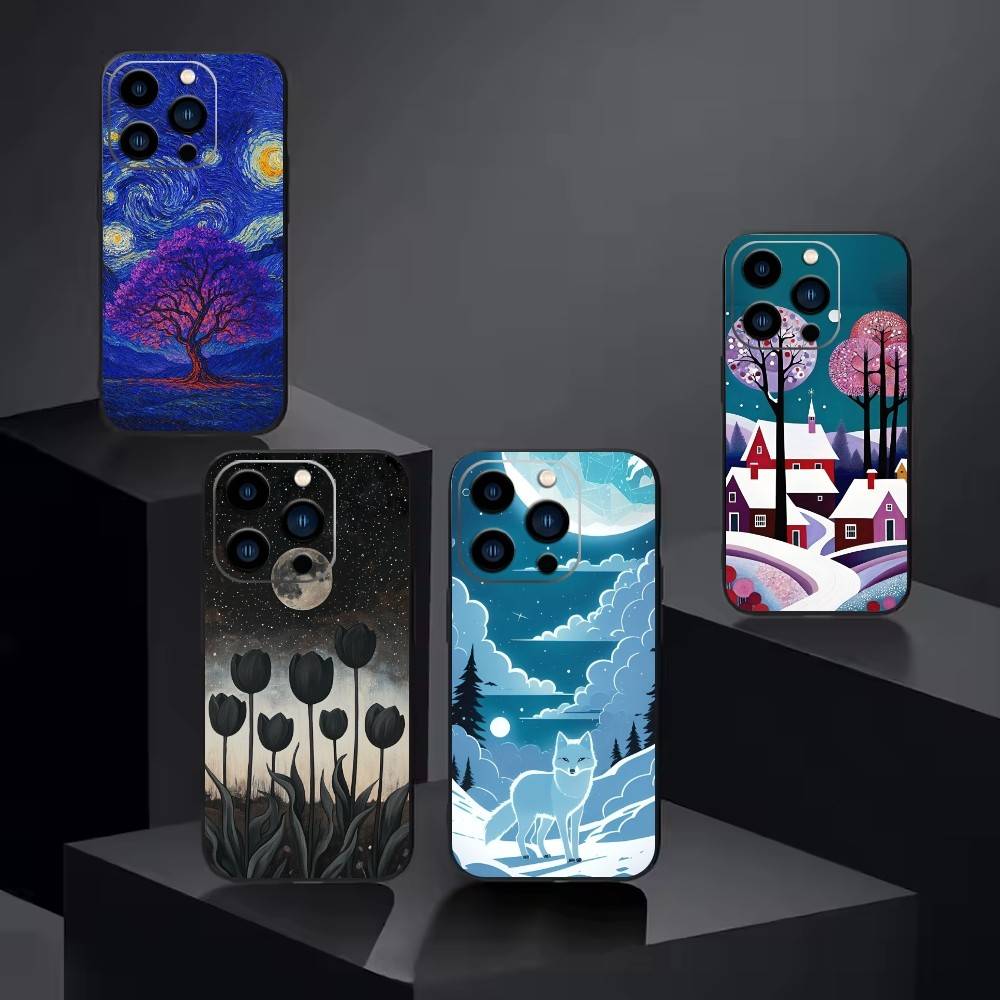 Starry Night Whimsical landscape Phone Case For iPhone 16,15,14,13,12,17,Pro Max,Plus Silicone Black Case