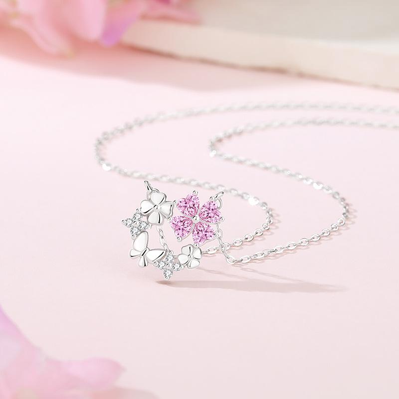 Tichya S925 Sterling Silver Butterfly & Flower Necklace with Pink Zircon for Women - Sweet Niche Design Clavicle Chain 925 Sterling Silver