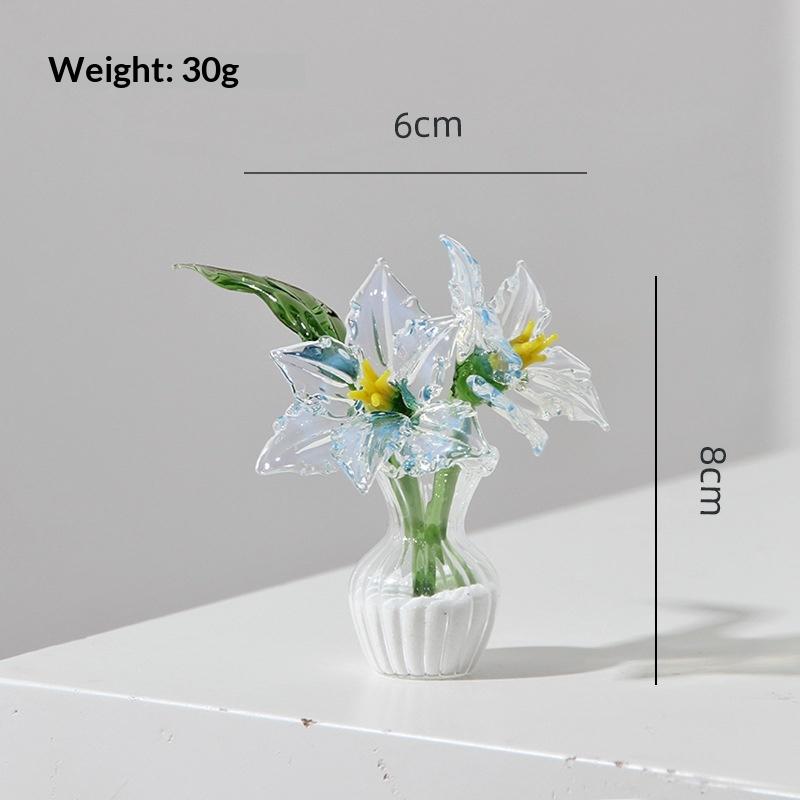 Handmade Glass Mini Flower Ornament Art Glass Artificial Flower With Small Vase Tabletop Decoration For Home Desktop Gift
