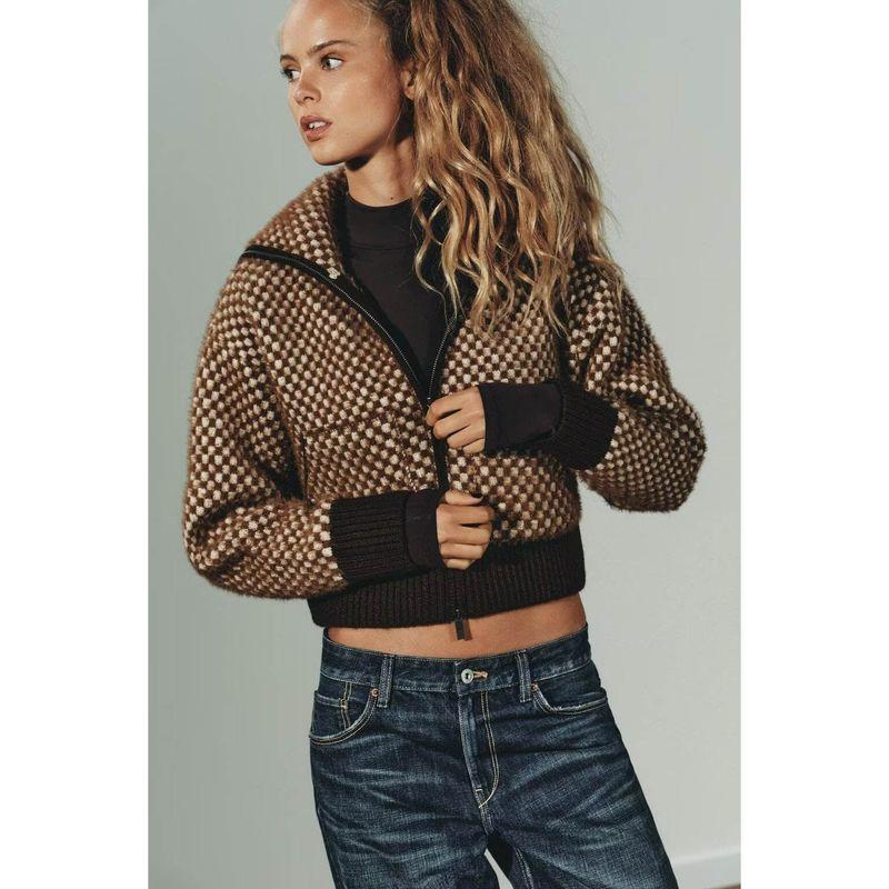 Za Export New Arrival Women's Clothing ZR Fashion Style Artificial Fur Patchwork Knitting Pilot Jacket Outwear 5802