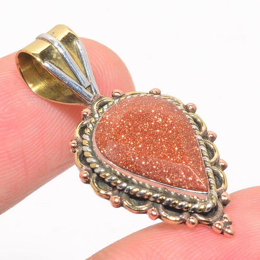 Natural Sunstone Gemstone Two Tone 925 Solid Sterling Silver Pendant 1.50" P8j29
