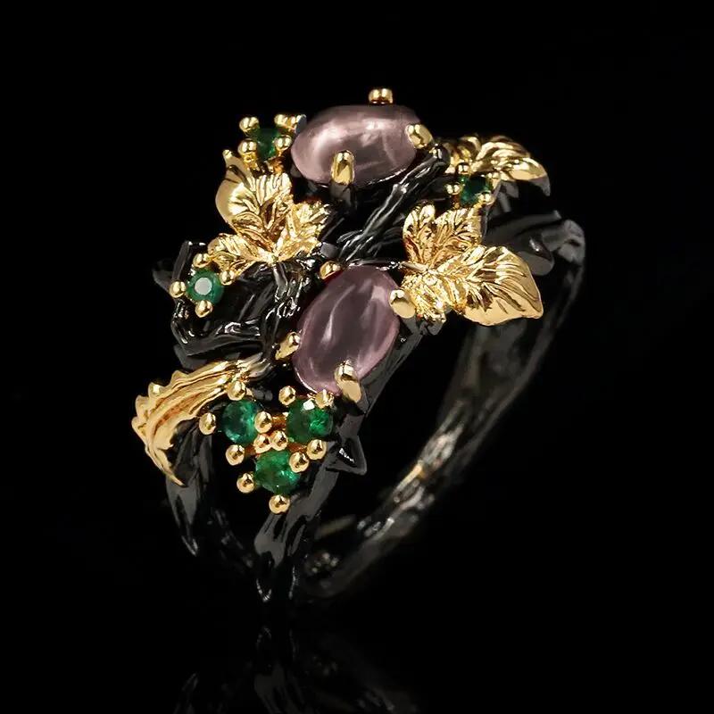 New Exquisite Leaf Flower Color Zircon Ladies Women's Ring Jewelry Black Gold Two-color Red Zircon Ring Ladies Ring