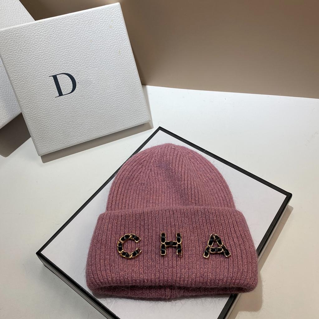 Chain Letter Cha Simple Wool Hat Winter Warm Rabbit Hair Double Fold Knitted Hat Outdoor Ear Protection