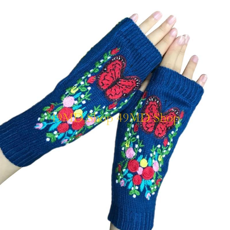 49MD Vintage for Butterfly Knitted Hand Gloves Fingerless Arm Warmer Half Finger Mittens with Thumb Hole Winter Warm Gloves