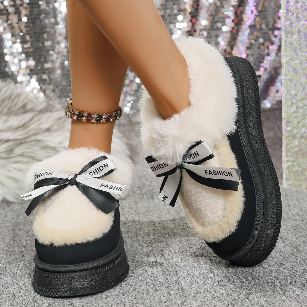 Fashion 2025 Fashion Bow Fluffy Snow Boots Women Thick Sole Faux Fur Winter Boots Woman Non Slip Thick Plush Platform Ankle Botas Mujer