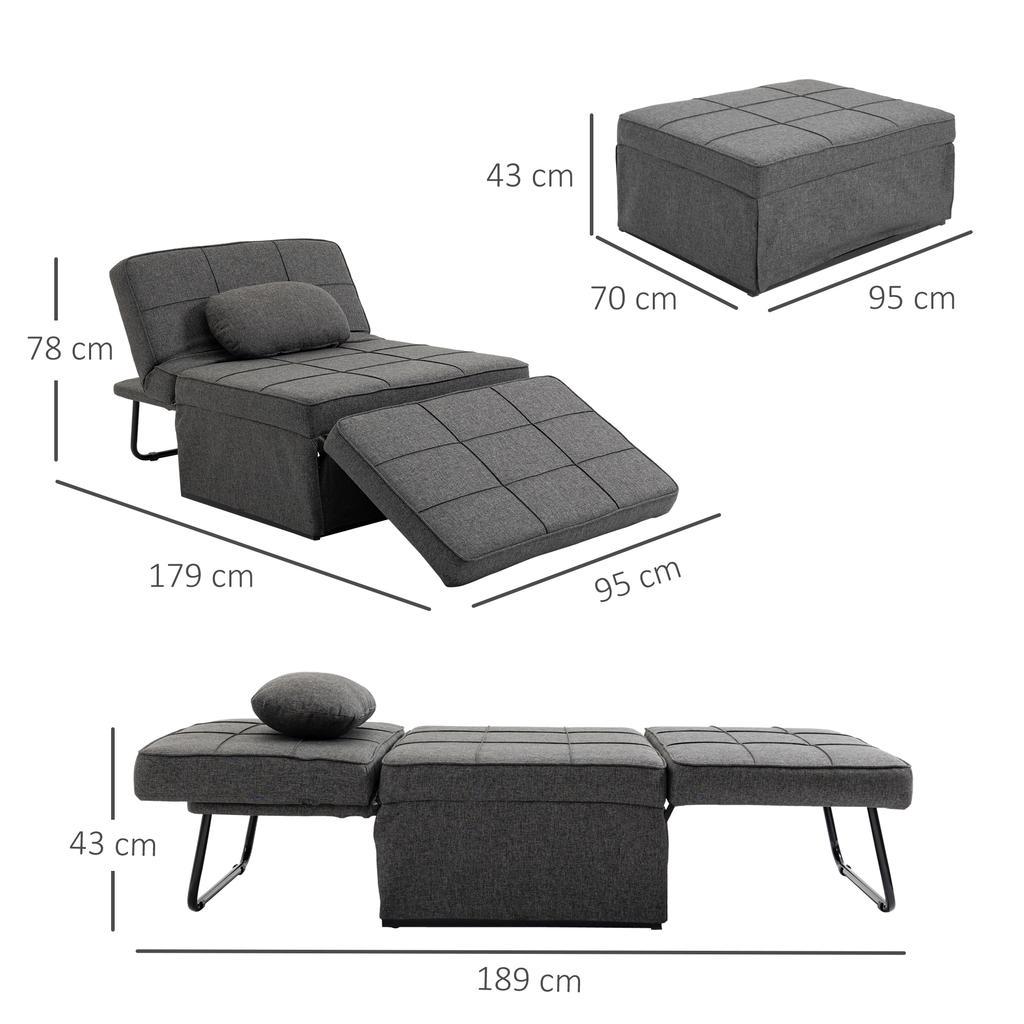 4-in-1 Single Armchair Convertible Chair Bed Pouf Reclining Backrest 5 Levels Folding Footrest, Load 200 Kg, Metal Frame and Linen Fabric Gray