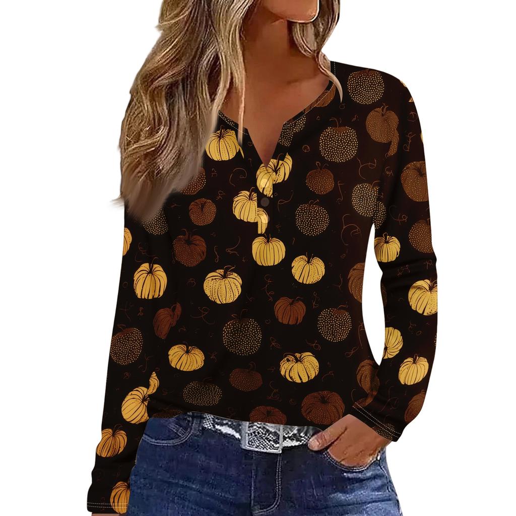 Women's Casual Long Sleeve T-Shirt with Halloween Print V-Neck Button for Parties