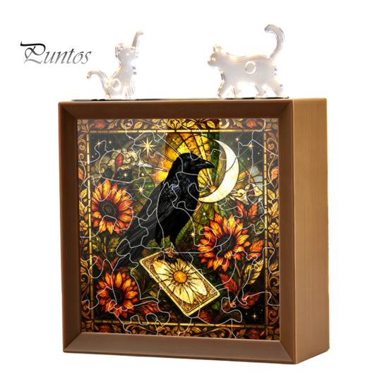 Wooden Photo Frame Base DIY Acrylic Cat Puzzles Night Light, Hand-Assembled Stained Glass Style Jigsaw Lamp with Personalized Handmade Presents Decor,