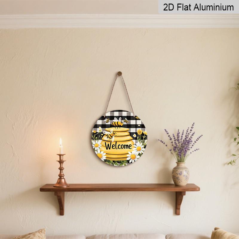 2D Flat, 1pc "Bee Welcome Plus" Monogrammed Round Metal Sign, Ideal for Home, Cafe, Restaurant, Garage, Garden Indoor and Outdoor Use, Event and