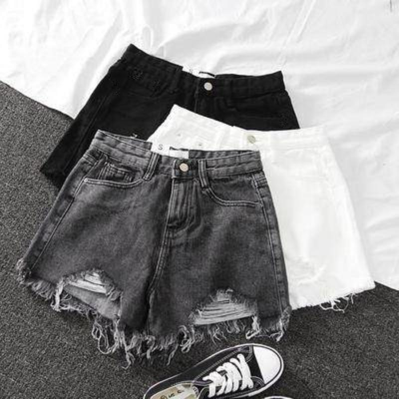 Cotton-containing Ripped High-waist Denim Shorts for Women In Summer Versatile Slim A-line Pants Bristled Wide-leg Pants for Women