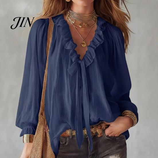 Skin-friendly Fabric Tops Women Chiffon Tops, Ruffle Splicing Collar V-Neck Blouse, Pure Color Loose Fit Summer Breathable Shirt Shirt, Lantern