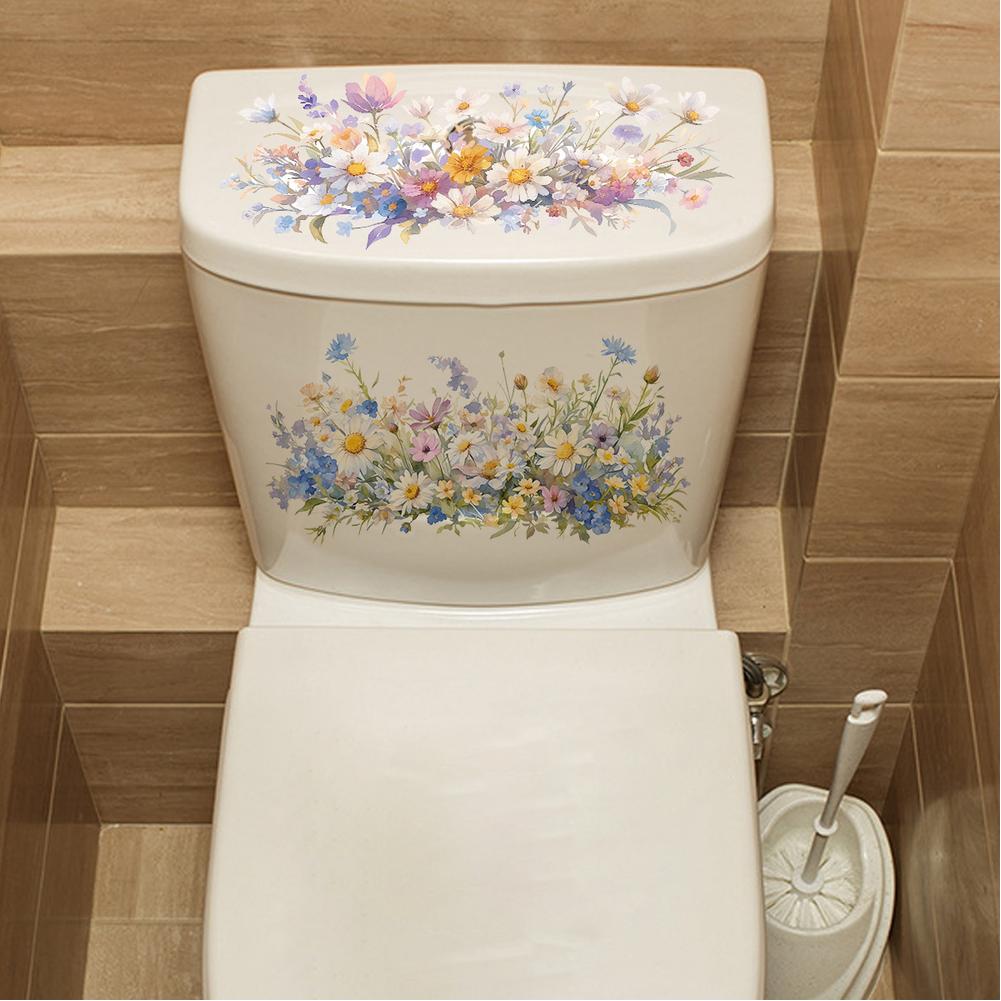 Colorful Floral Toilet Seat Lid Sticker, DIY Removable Toilet Lid Decals, Plant Leaves Flowers Self-Adhesive Bathroom Wall Stickers Toilet Sticker