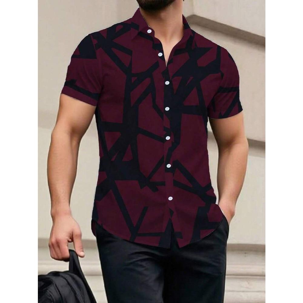 Spring Summer Men Spell Color Short Sleeve Shirt Men Casual 3D Digital Print Simple Style Shirt Tops 100% Polyester