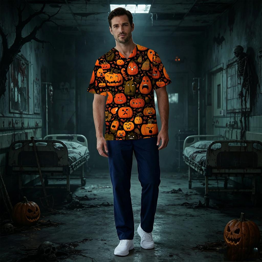 Men's Short Sleeve V-Neck Scrub Top with Chest Pocket Halloween Print