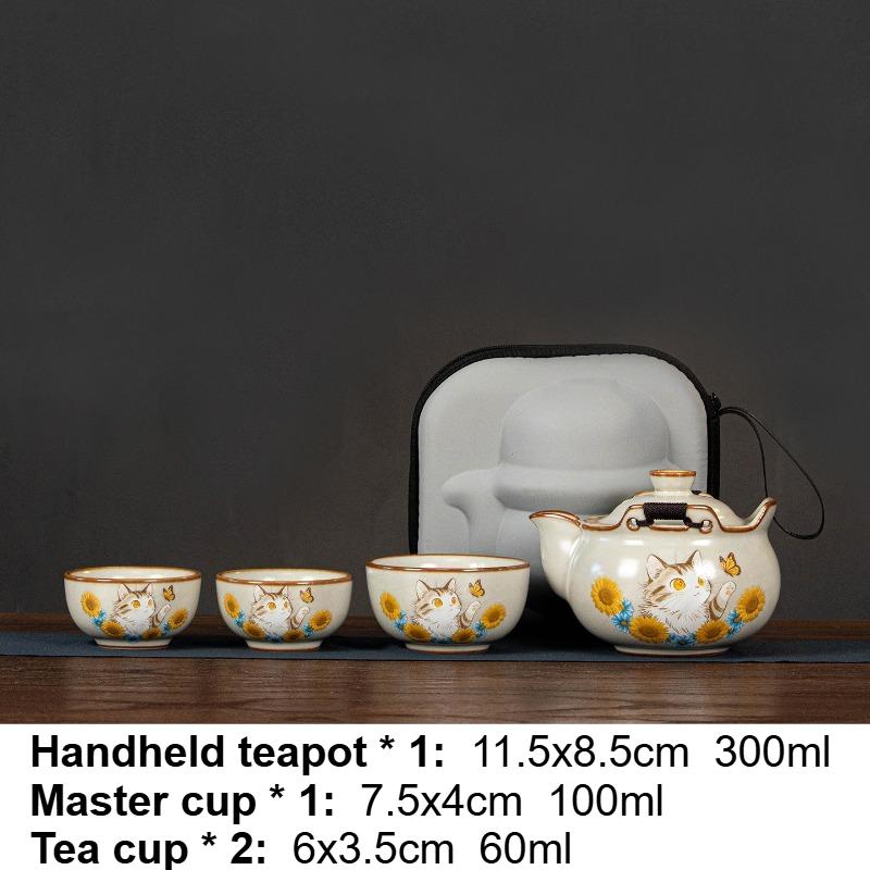 

1 Pot, 3 Cups Kitten Portable Travel Tea Set Ru Kiln Handheld Pot Large Capacity Fast Customer Cup Tea Tasting Cup Master s Cup