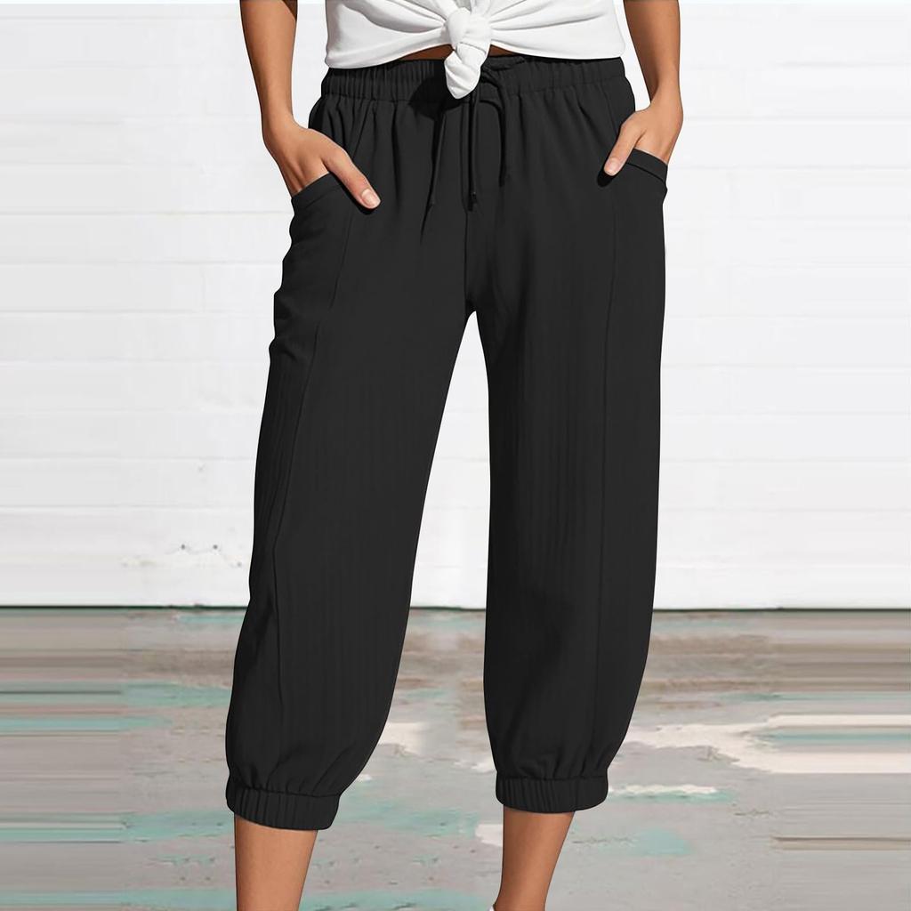 Women's Summer 3/4 Trousers  Summer Trousers With Pockets Causal Loose Trousers Fabric Trousers Sport Leisure Beach Trousers