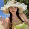 Organza Pearl Straw Hat, Female 2025 Summer New Large Brim Sunshade Sun Hat, Seaside Beach Sun Hat