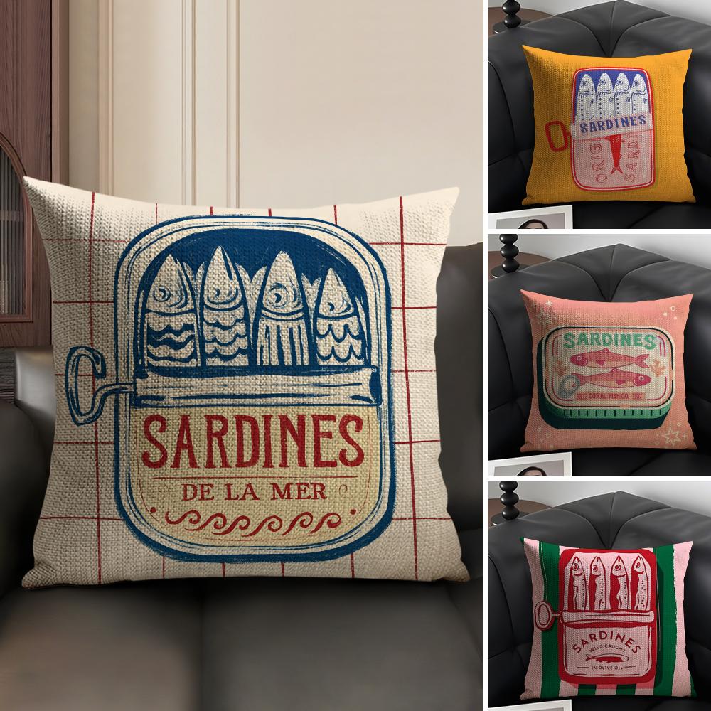 Cute Coastal Charm SardineS Pillow Case Natural Linen Organic Fabric Double-Sided Printing Sofa Home Decor Cushion Cover