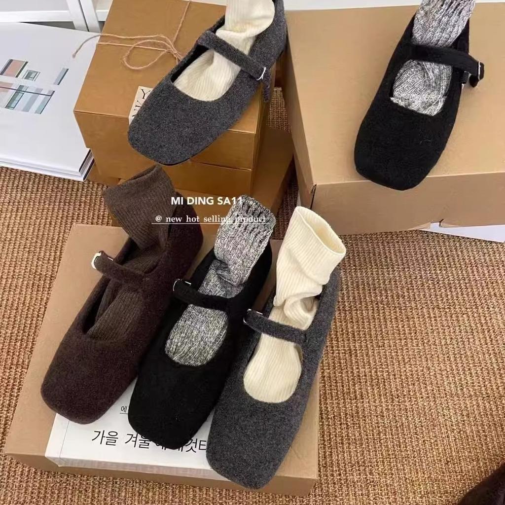Soft Wool Version~ Autumn and Winter New Plush Woolen Single Shoes Women's Flat Korean Version Versatile Square Head with Mary Jane Shoes