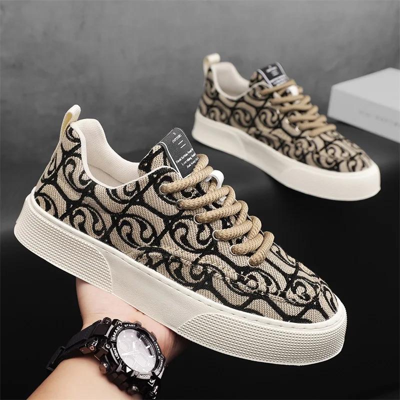 New Men's Ethnic Style Designer Casual Board Sneakers Fashion Fabric Breathable Internal Height Increasing Flat Platform Shoes