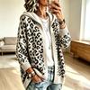 Damen Vintage Kapuzenstrickjacke mit Leopardenmuster, Lockere Passform, Überschnittene Schultern, Lässige Oberbekleidung
