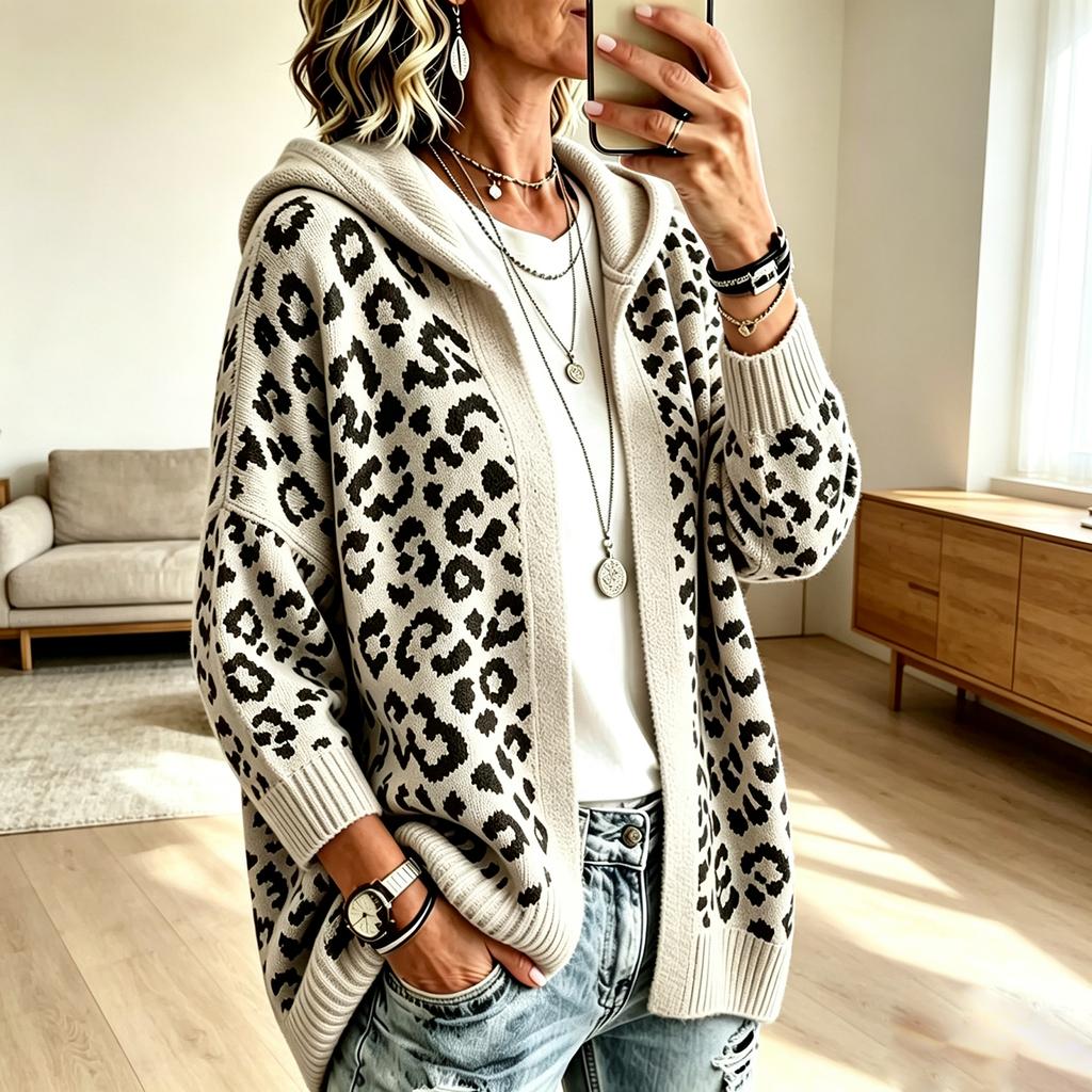 Damen Vintage Kapuzenstrickjacke mit Leopardenmuster, Lockere Passform, Überschnittene Schultern, Lässige Oberbekleidung